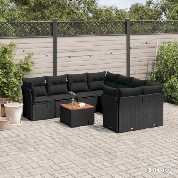 Salon de jardin 9 pcs avec coussins noir rsine tresse