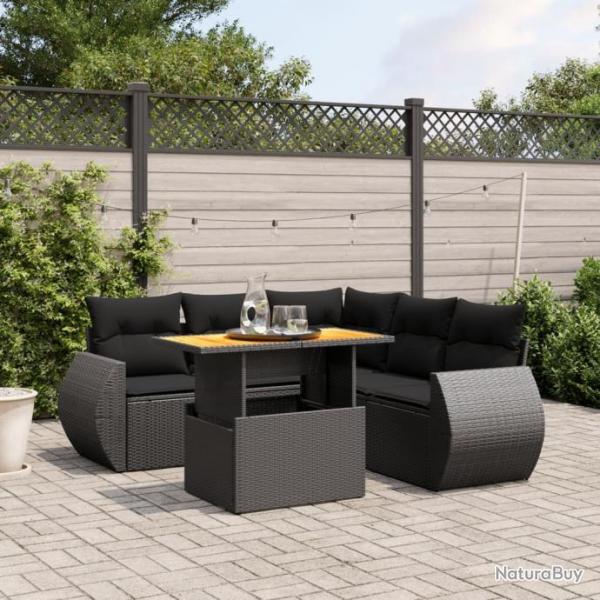 Salon de jardin 6 pcs avec coussins noir rsine tresse