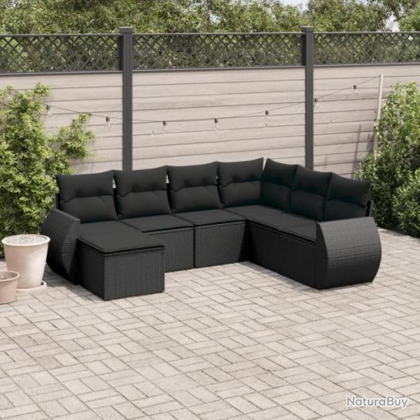 Salon de jardin 7 pcs avec coussins noir rsine tresse