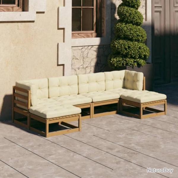 Salon de jardin 6 pcs avec coussins Marron miel Bois de pin