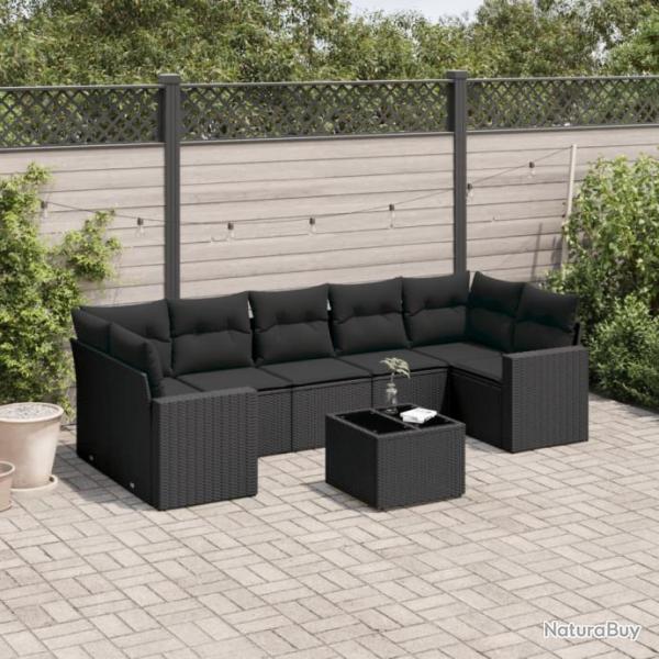 Salon de jardin 8 pcs avec coussins noir rsine tresse