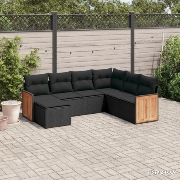 Salon de jardin 7 pcs avec coussins noir rsine tresse