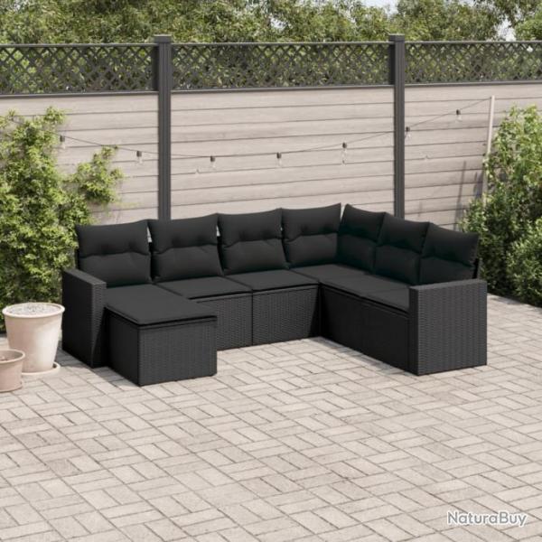 Salon de jardin 7 pcs avec coussins noir rsine tresse