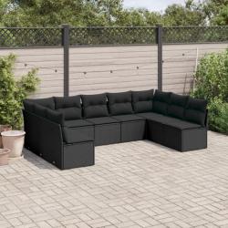 Salon de jardin 9 pcs avec coussins noir résine tressée