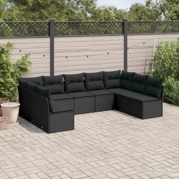 Salon de jardin 9 pcs avec coussins noir rsine tresse