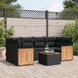 Salon de jardin 7 pcs avec coussins noir résine tressée