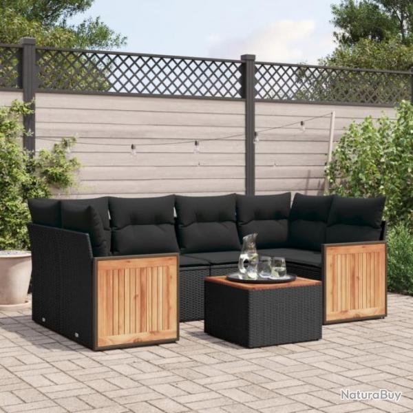 Salon de jardin 7 pcs avec coussins noir rsine tresse