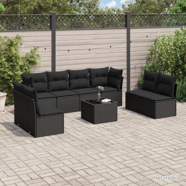 Salon de jardin 9 pcs avec coussins noir rsine tresse