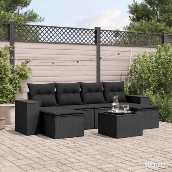 Salon de jardin 7 pcs avec coussins noir rsine tresse