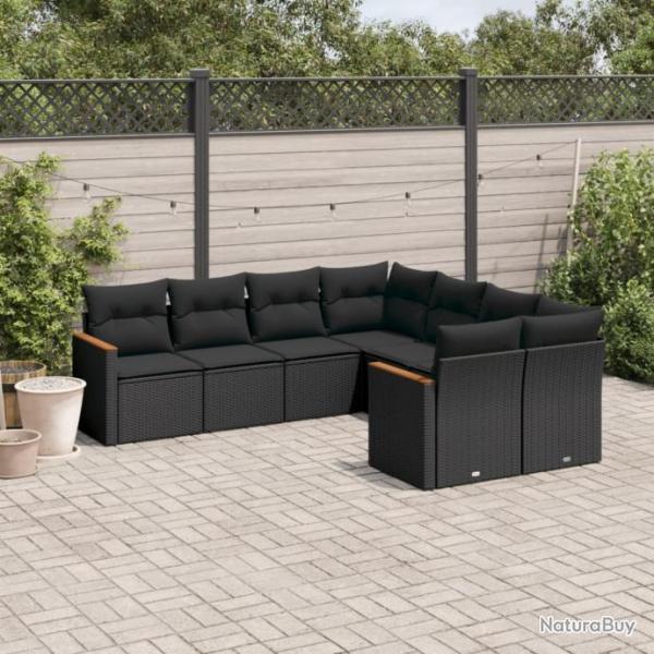 Salon de jardin 8 pcs avec coussins noir rsine tresse