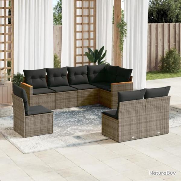 Salon de jardin 8 pcs avec coussins gris rsine tresse