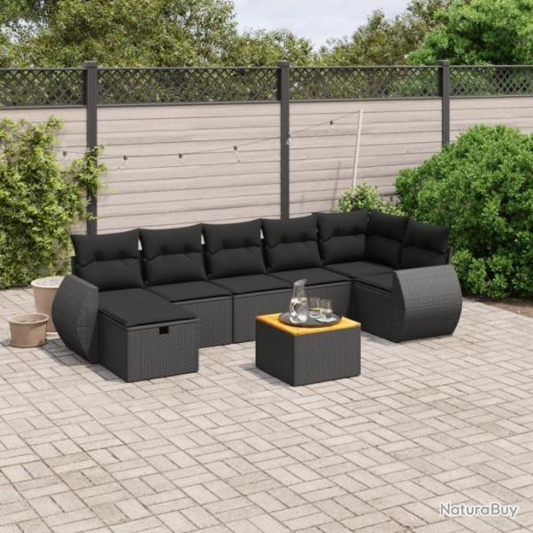 Salon de jardin 8 pcs avec coussins noir rsine tresse