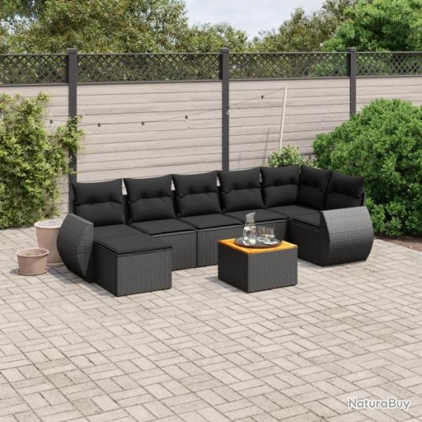 Salon de jardin 8 pcs avec coussins noir rsine tresse