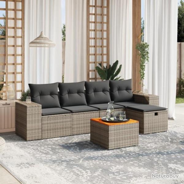 Salon de jardin 6 pcs avec coussins gris rsine tresse