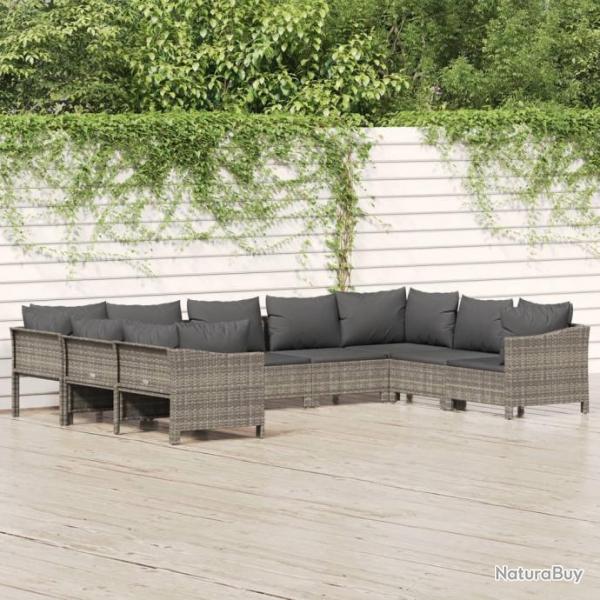 Salon de jardin 9 pcs avec coussins Gris Rsine tresse