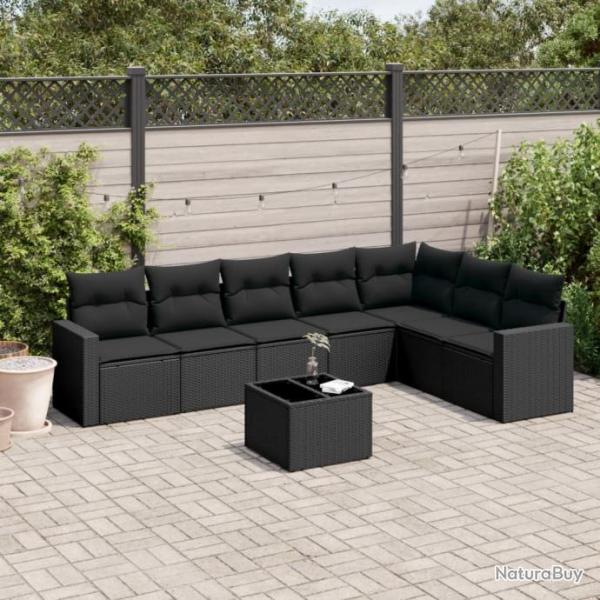 Salon de jardin 8 pcs avec coussins noir rsine tresse