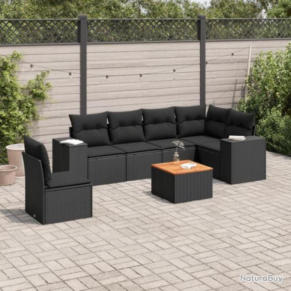 Salon de jardin 7 pcs avec coussins noir rsine tresse