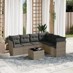 Salon de jardin avec coussins 7 pcs gris résine tressée