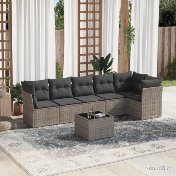 Salon de jardin avec coussins 7 pcs gris rsine tresse