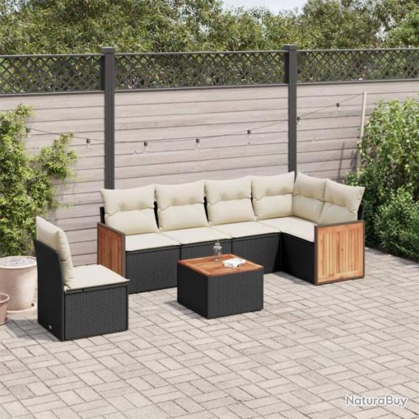 Salon de jardin 7 pcs avec coussins noir rsine tresse