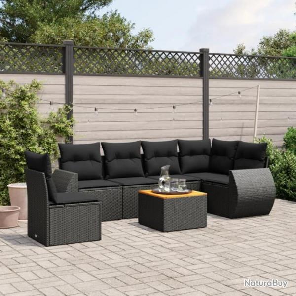 Salon de jardin 7 pcs avec coussins noir rsine tresse