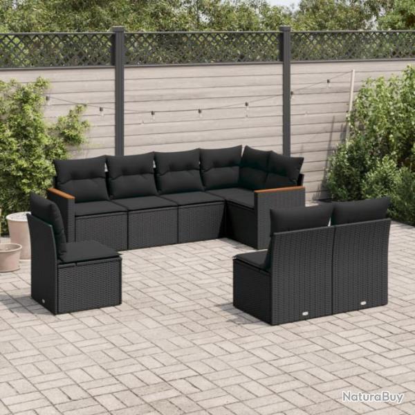 Salon de jardin 8 pcs avec coussins noir rsine tresse