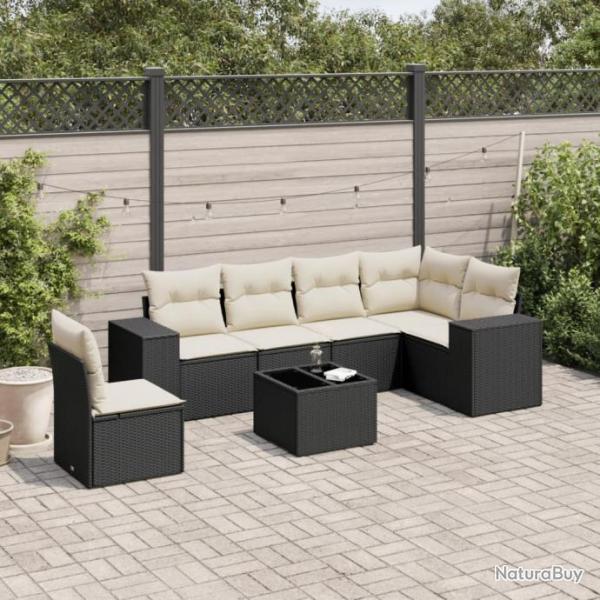 Salon de jardin 7 pcs avec coussins noir rsine tresse