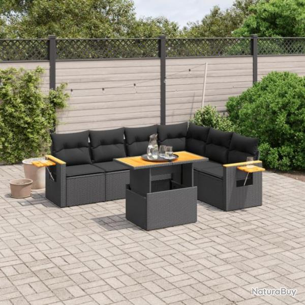 Salon de jardin 7 pcs avec coussins noir rsine tresse