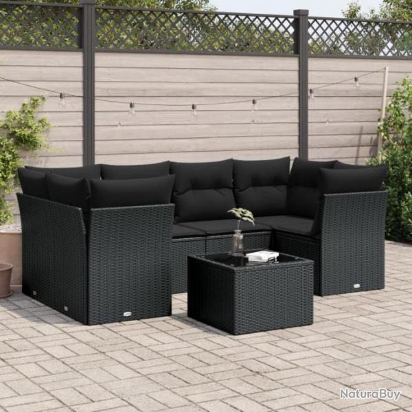 Salon de jardin 7 pcs avec coussins noir rsine tresse