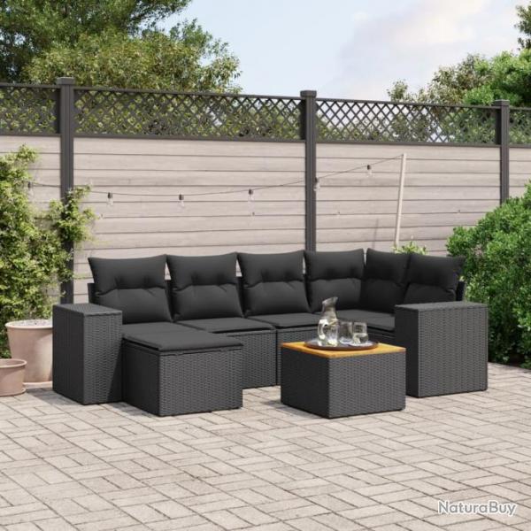 Salon de jardin 7 pcs avec coussins noir rsine tresse