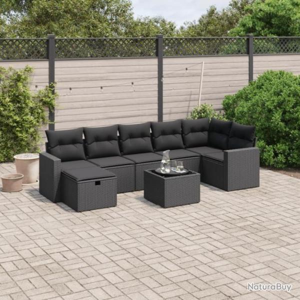 Salon de jardin 8 pcs avec coussins noir rsine tresse