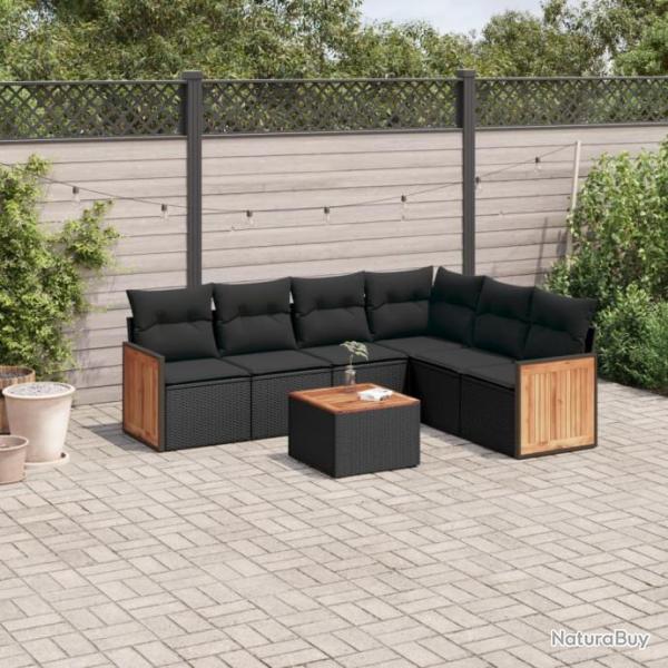 Salon de jardin 7 pcs avec coussins noir rsine tresse