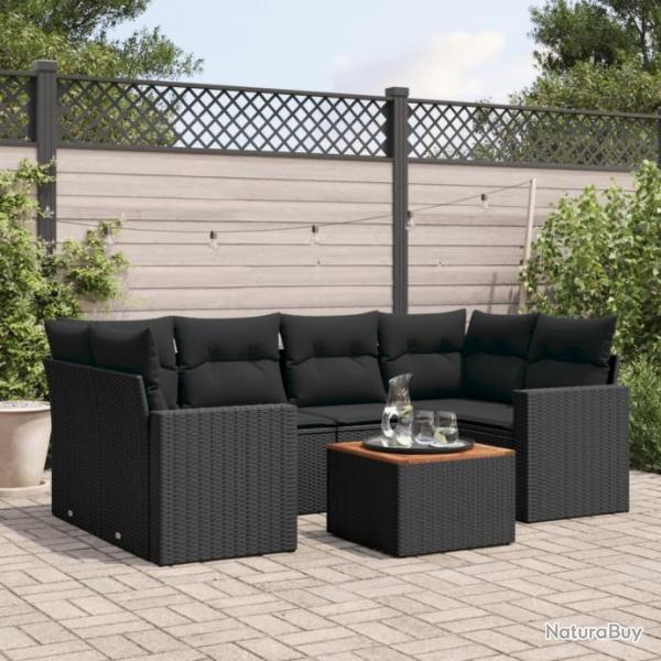 Salon de jardin 7 pcs avec coussins noir rsine tresse