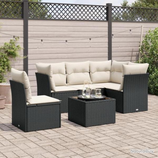 Salon de jardin 6 pcs avec coussins noir rsine tresse