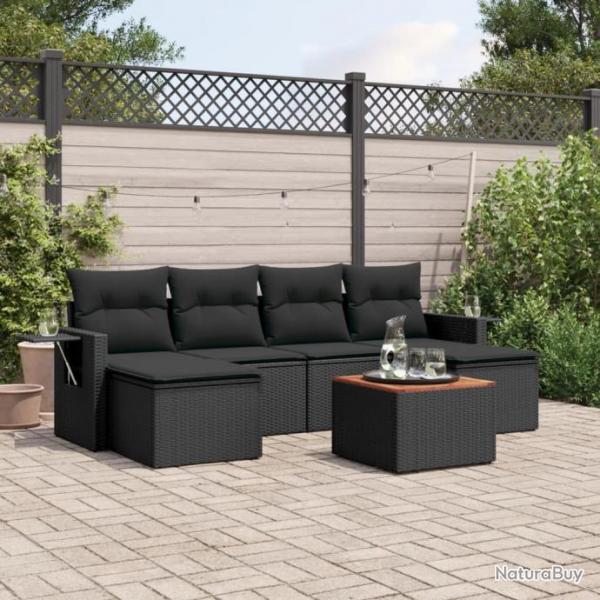 Salon de jardin 7 pcs avec coussins noir rsine tresse