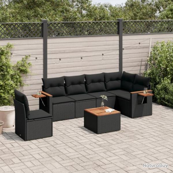 Salon de jardin 7 pcs avec coussins noir rsine tresse