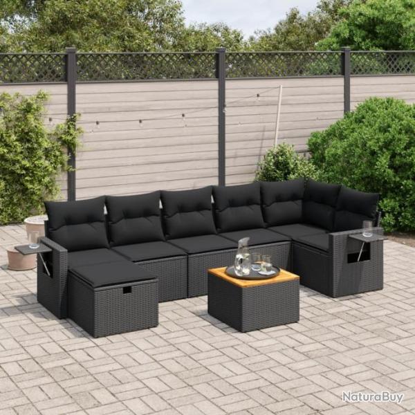 Salon de jardin 8 pcs avec coussins noir rsine tresse