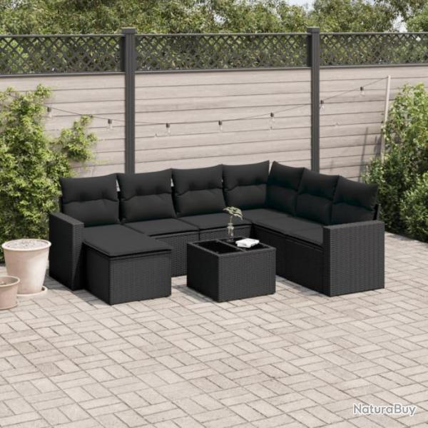 Salon de jardin 8 pcs avec coussins noir rsine tresse