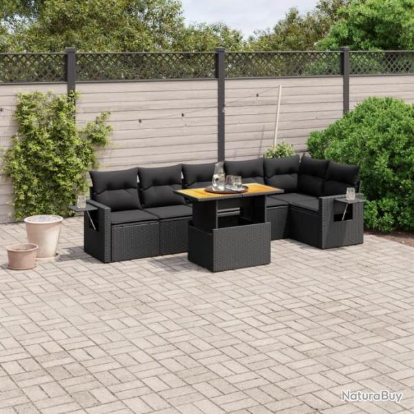 Salon de jardin 7 pcs avec coussins noir rsine tresse