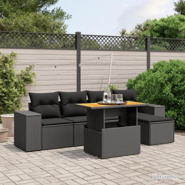 Salon de jardin 6 pcs avec coussins noir rsine tresse