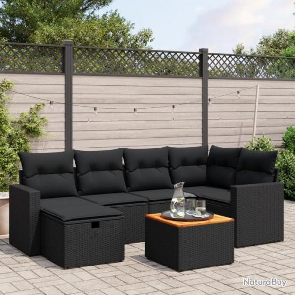 Salon de jardin 7 pcs avec coussins noir rsine tresse