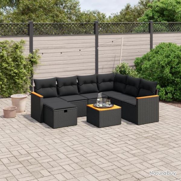 Salon de jardin 8 pcs avec coussins noir rsine tresse