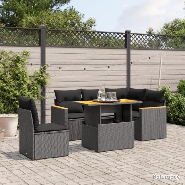 Salon de jardin 6 pcs avec coussins noir rsine tresse