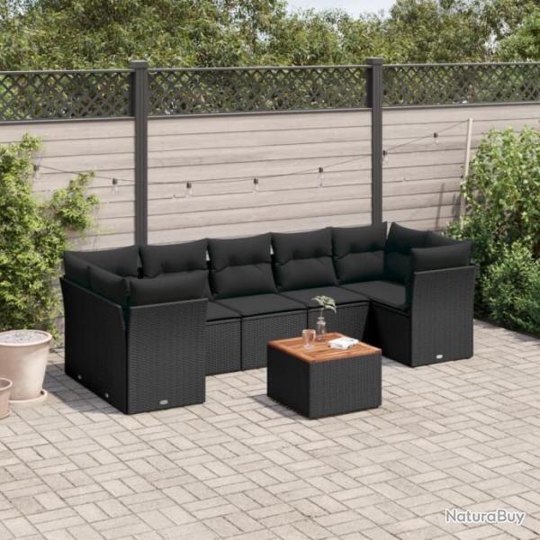 Salon de jardin 8 pcs avec coussins noir rsine tresse