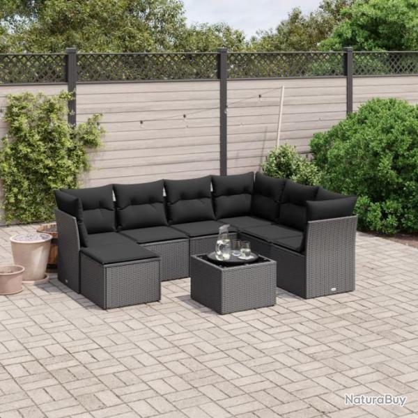 Salon de jardin 8 pcs avec coussins noir rsine tresse