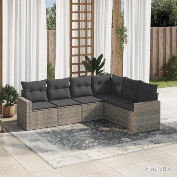 Salon de jardin 6 pcs avec coussins gris rsine tresse