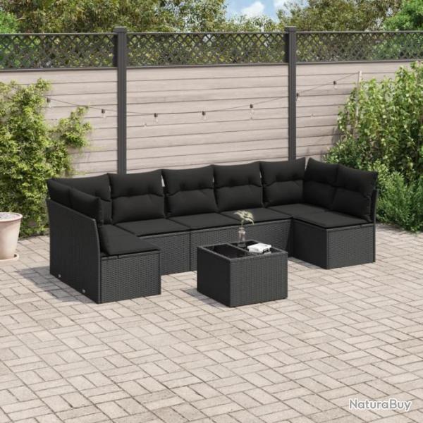 Salon de jardin 8 pcs avec coussins noir rsine tresse