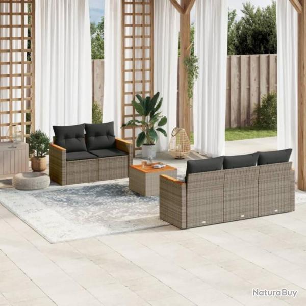 Salon de jardin 6 pcs avec coussins gris rsine tresse