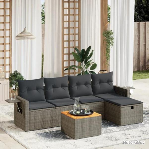 Salon de jardin 6 pcs avec coussins gris rsine tresse