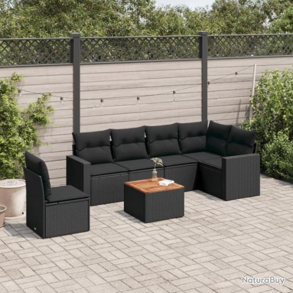 Salon de jardin 7 pcs avec coussins noir rsine tresse